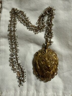 Miriam Haskell Gold Lion Pendant Necklace with Pearl Chain